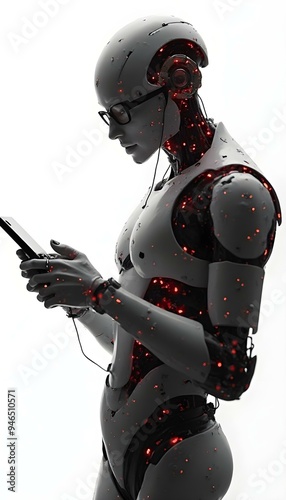 cyborg with phone, robot holding smartphone in hand, white background, cyberpunk girl