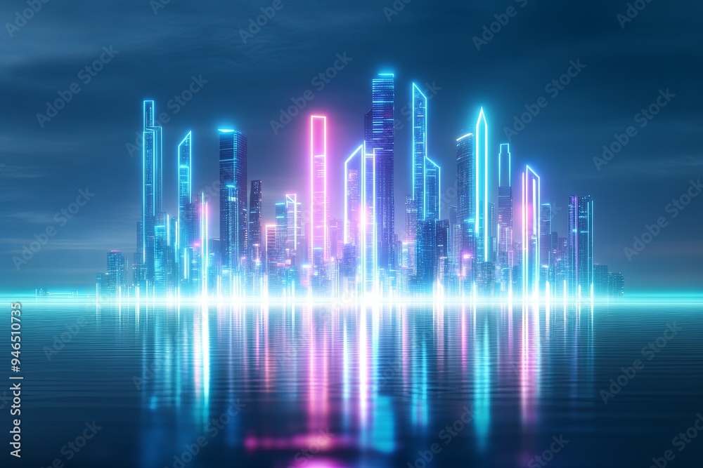A cityscape featuring glowing skyscrapers in shades of blue and cyan, with neon lights reflecting off a calm sea A cityscape featuring glowing skyscrapers in shades of blue and cyan, with neon lights reflecting off a calm sea