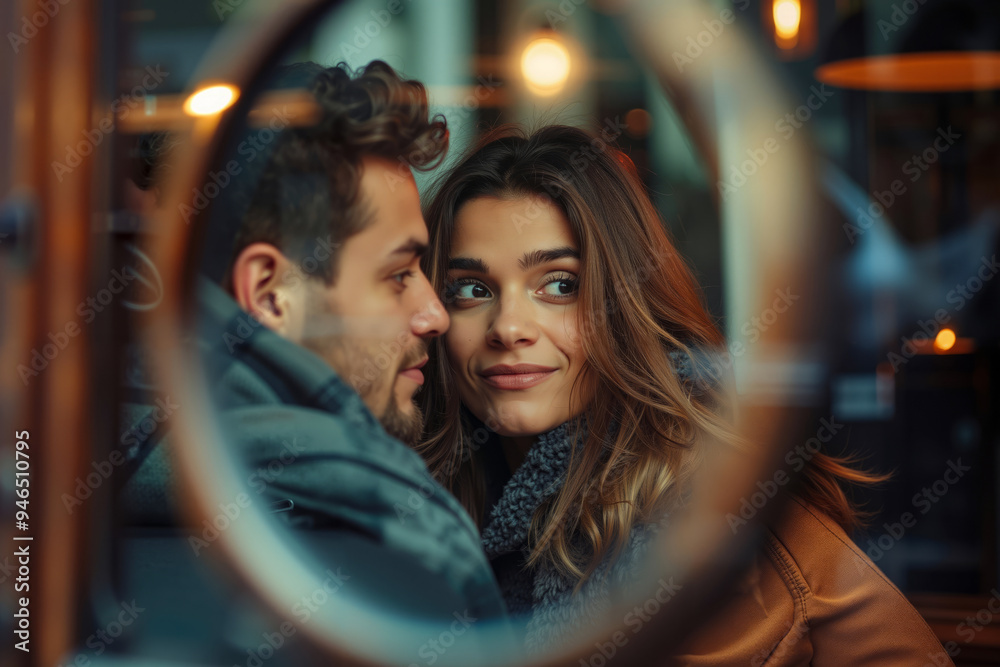A man and a woman looking at each other through a magnifying glass A man and a woman looking at each other through a magnifying glass
