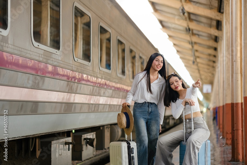 Two women are sitting on a train platform with their luggage