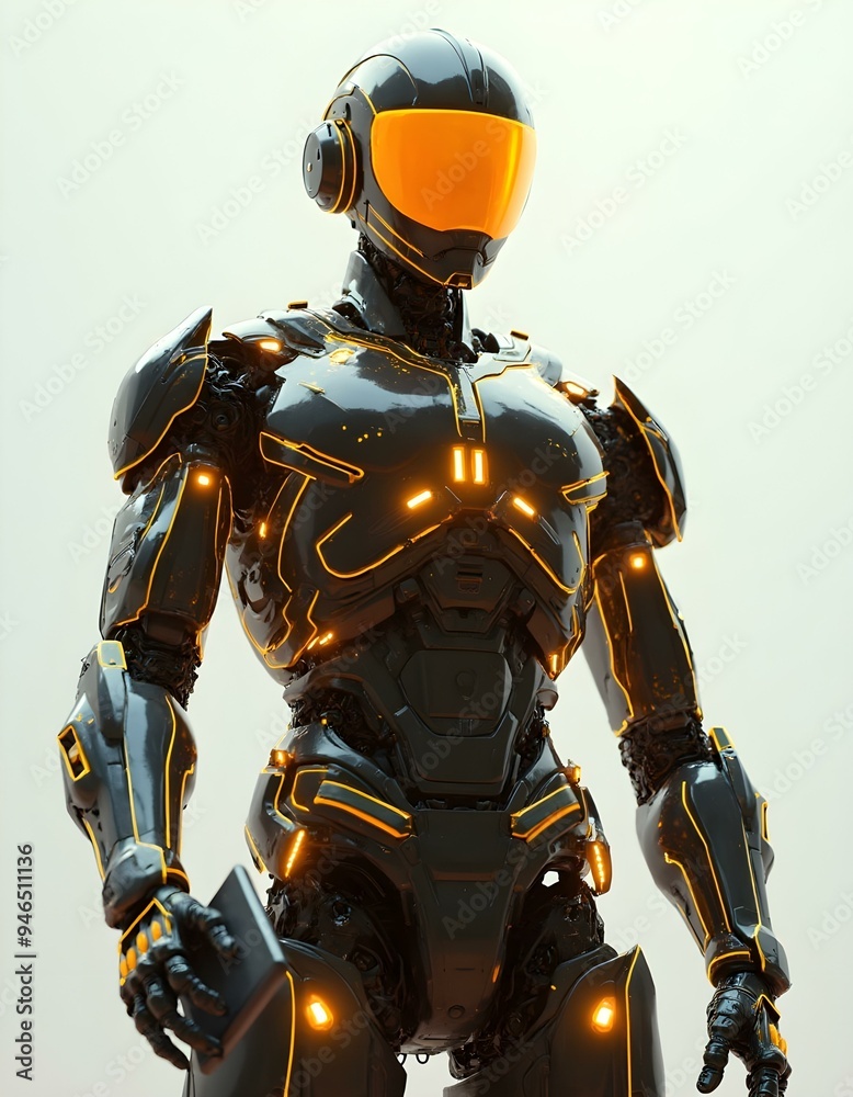 Fototapeta premium cyborg with phone, robot holding smartphone in hand, white background