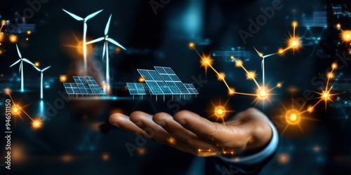 An entrepreneur presenting a green energy startup idea, with holographic displays of solar panels and wind farms in the background