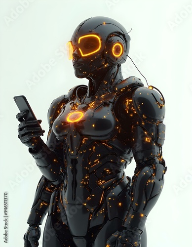 cyborg with phone, robot holding smartphone in hand, white background