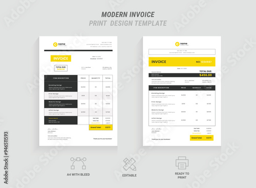 Clean and Simple Invoice Template Design, Corporate, Invoice Set, Minimal Layout with Yellow Accents, Professional Bill Receipt and Payment Agreement, Price Receipt and Company Invoice