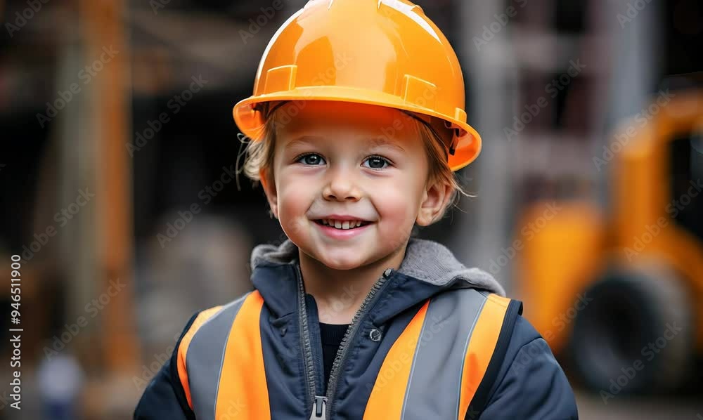 Portrait of a little boy in a construction helmet on the background of a construction site Portrait of a little boy in a construction helmet on the background of a construction site