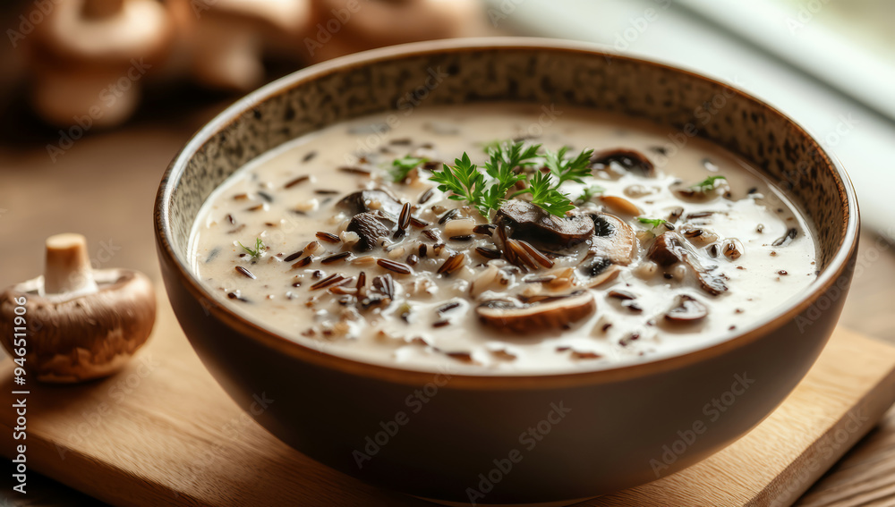 A bowl of creamy wild rice soup, filled with mushrooms. A bowl of creamy wild rice soup, filled with mushrooms.