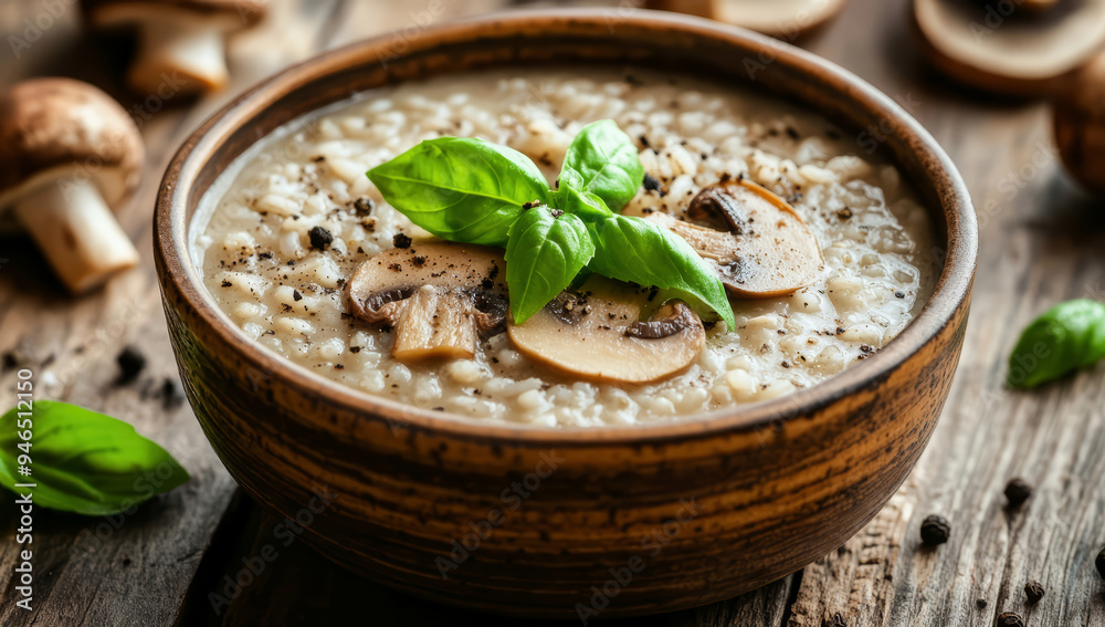 A bowl of creamy wild rice soup, filled with mushrooms. A bowl of creamy wild rice soup, filled with mushrooms.