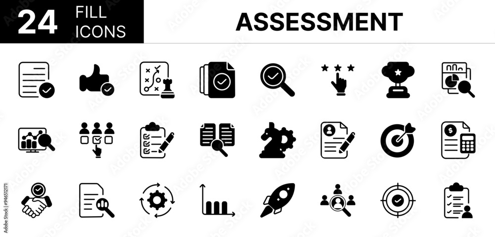 Collection of 24 assessment fill icons featuring editable strokes. These outline icons depict various modes of assessment, inspecting, analysis, plan, evaluation, result, goal, Collection of 24 assessment fill icons featuring editable strokes. These outline icons depict various modes of assessment, inspecting, analysis, plan, evaluation, result, goal,