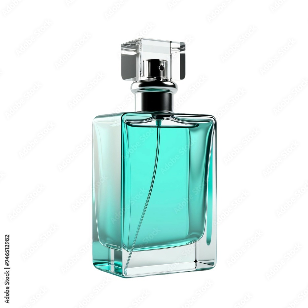 square glass perfume bottle, fragrance, cream or essence, isolated white background, for text