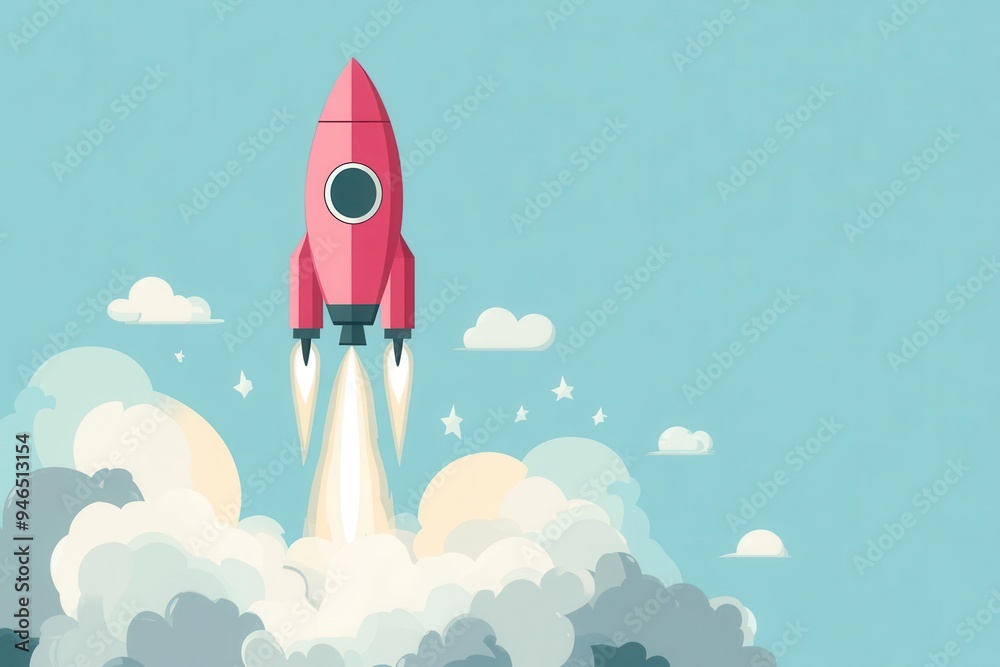 Pink rocket launching, marketing campaign start, flat design illustration Pink rocket launching, marketing campaign start, flat design illustration