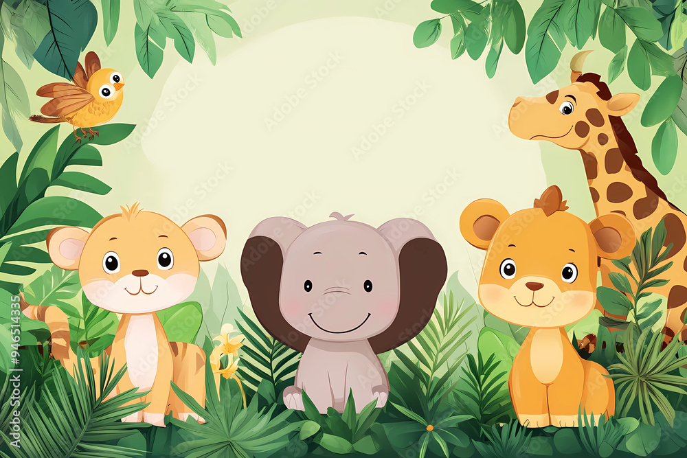 Naklejka premium Animal Grass Cartoon: Jungle, safari animals ,Charming Animal Characters in Green Grass, Illustration