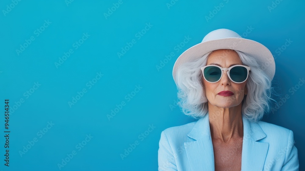 A sophisticated elderly woman with stunning white hair wears a chic wide-brimmed hat and sunglasses. She stands confidently against a blue background, embodying timeless style and elegance. A sophisticated elderly woman with stunning white hair wears a chic wide-brimmed hat and sunglasses. She stands confidently against a blue background, embodying timeless style and elegance.
