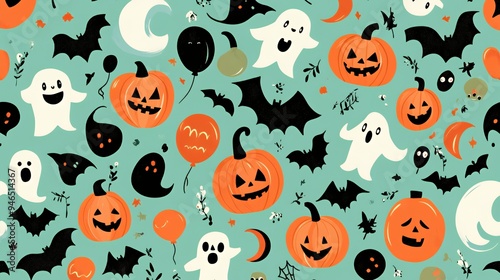 A festive Halloween-themed pattern featuring ghosts, pumpkins, bats, and balloons.