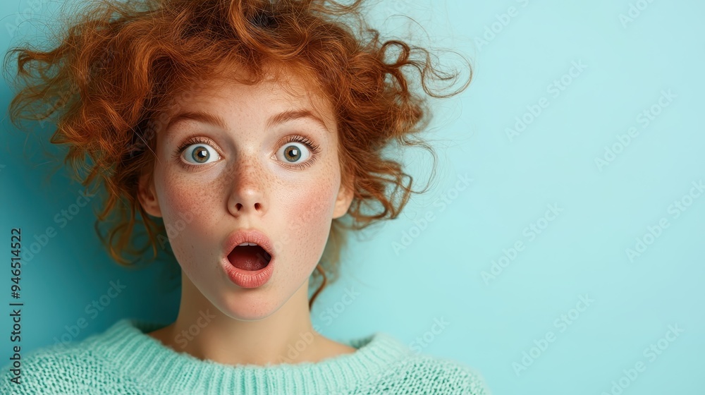 A red-haired woman shows a surprised expression with wide-open eyes, wearing a blue sweater and standing against a light blue wall, capturing a genuine moment. A red-haired woman shows a surprised expression with wide-open eyes, wearing a blue sweater and standing against a light blue wall, capturing a genuine moment.