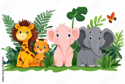  Animal Grass Cartoon: Jungle, safari animals ,Charming Animal Characters in Green Grass, Illustration