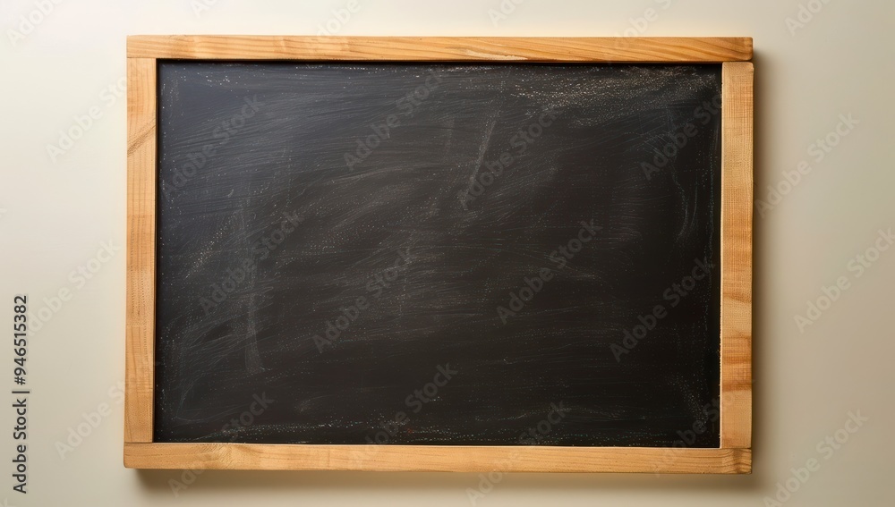 Top view of an empty blackboard with wooden edges on a gentle cream background, ideal for school presentations Ample copyspace provided Top view of an empty blackboard with wooden edges on a gentle cream background, ideal for school presentations Ample copyspace provided