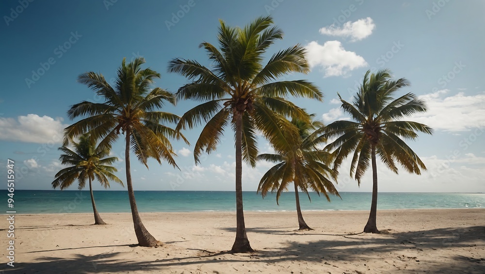 Palm trees dance with the wind on a sunny tropical beach, evoking a relaxing atmosphere Palm trees dance with the wind on a sunny tropical beach, evoking a relaxing atmosphere