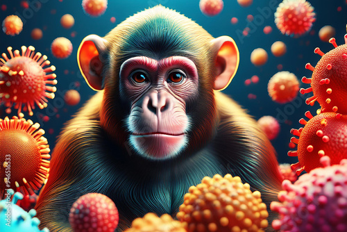 A monkey surrounded by realistic magnified models of virus cells, large and small. Diseases transmitted from primates. Virus-borne infectious diseases concept.  photo