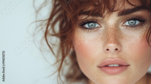 A striking portrait of a freckled woman with auburn hair staring intensely ahead. Her blue eyes and freckled skin create a captivating image full of depth and intensity.