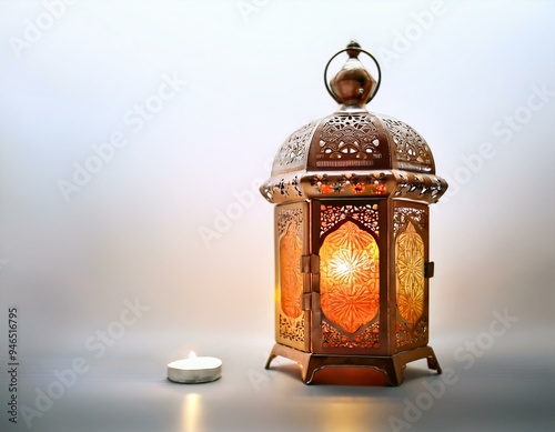 Ornamental Arabic lantern with burning candle glowing at night mosque background. Festive greeting card, invitation for Muslim holy month Ramadan 