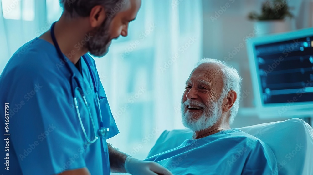 A joyful interaction between a doctor and an elderly patient, showcasing care and compassion in a modern healthcare environment. A joyful interaction between a doctor and an elderly patient, showcasing care and compassion in a modern healthcare environment.