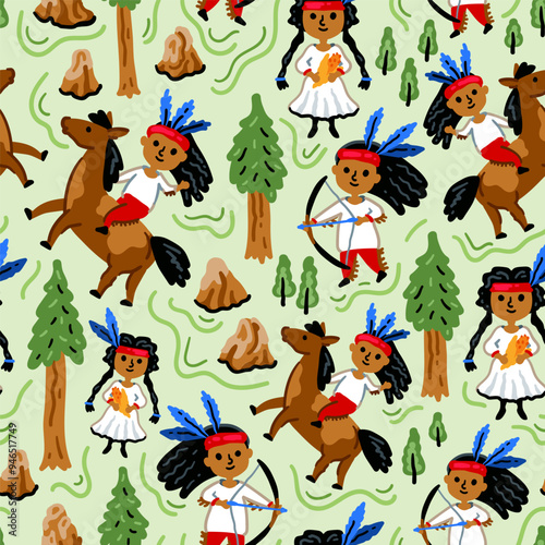 Bright cheerful children seamless vector pattern with American native indians. Childish background. Cheerful characters with animals and plants. Sequoia, mountains, horse
