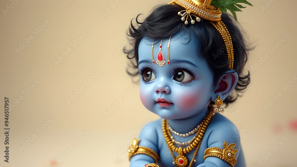 Cute little baby Krishna with blue skin on light background. Birthday of Krishna, eighth avatar of Vishnu. Shree Krishna Janmashtami or Gokulashtami. Indian religious festival Cute little baby Krishna with blue skin on light background. Birthday of Krishna, eighth avatar of Vishnu. Shree Krishna Janmashtami or Gokulashtami. Indian religious festival