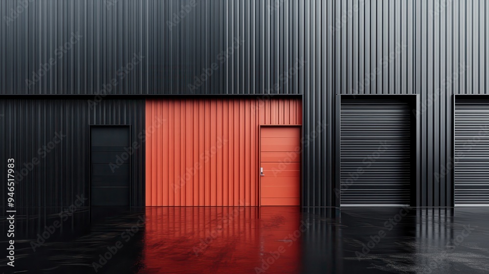 Fototapeta premium The visual emphasis is on the black and red doors of an industrial building, hinting at a modern and sophisticated design with a striking color contrast and orderly arrangement.