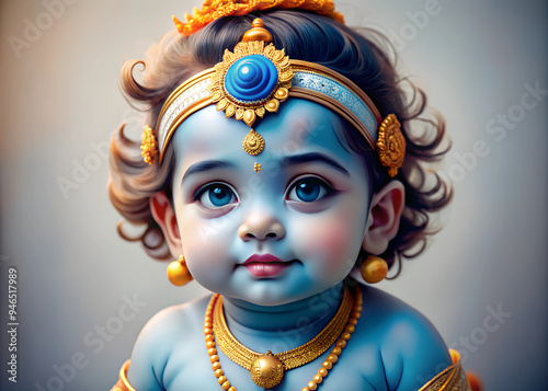 Cute little baby Krishna with blue skin on light background. Birthday of Krishna, eighth avatar of Vishnu. Shree Krishna Janmashtami or Gokulashtami. Indian religious festival