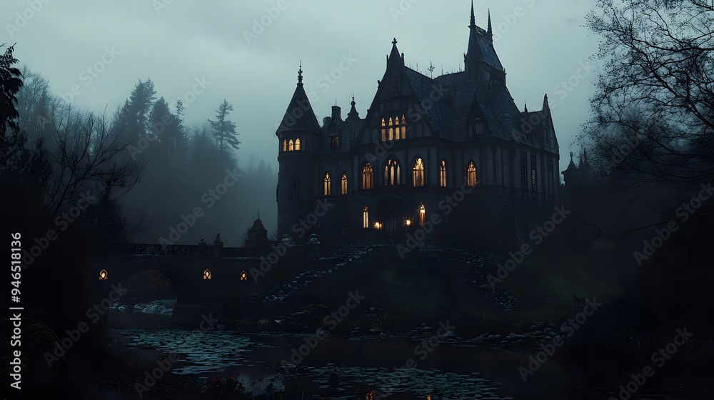 A dark mansion with intricate gothic architecture glowing windows and detailed Halloween decorations in a misty setting A dark mansion with intricate gothic architecture glowing windows and detailed Halloween decorations in a misty setting
