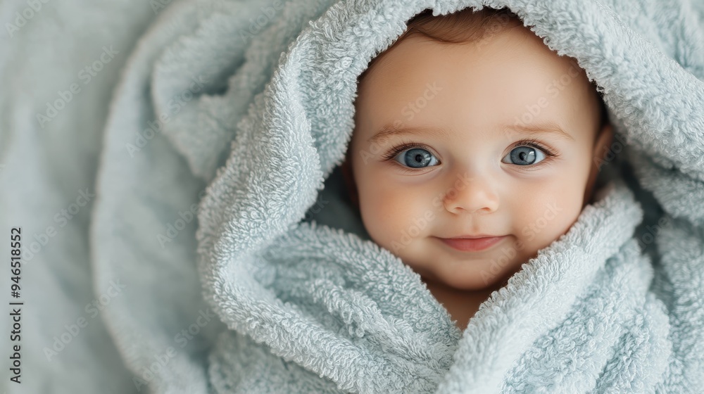An adorable baby with blue eyes is wrapped in a soft, blue towel and smiles gently, looking into the camera with innocence and charm. An adorable baby with blue eyes is wrapped in a soft, blue towel and smiles gently, looking into the camera with innocence and charm.