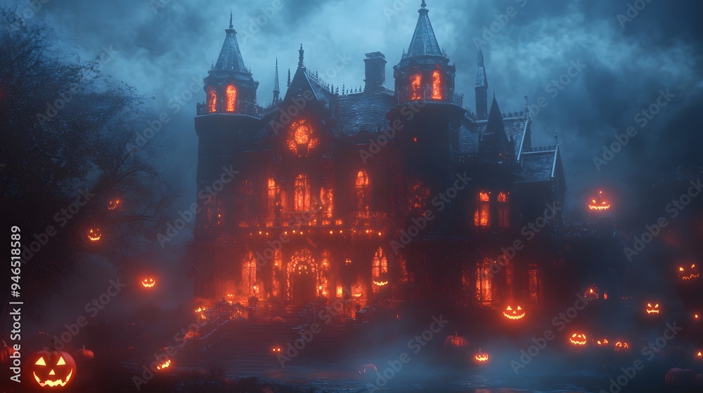 A gothic mansion illuminated by high contrast lighting with glowing Halloween decorations and a misty atmosphere creating an eerie scene A gothic mansion illuminated by high contrast lighting with glowing Halloween decorations and a misty atmosphere creating an eerie scene