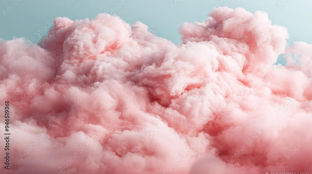 A picturesque natural scene featuring fluffy pink clouds floating gently across a clear, serene sky, creating a dreamy and tranquil atmosphere with delicate pastel hues.