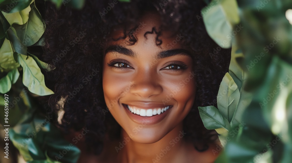 A portrait of a black female influencer surrounded by vibrant green flowers. A confident black female influencer in a striking and artistic look for the photograph.