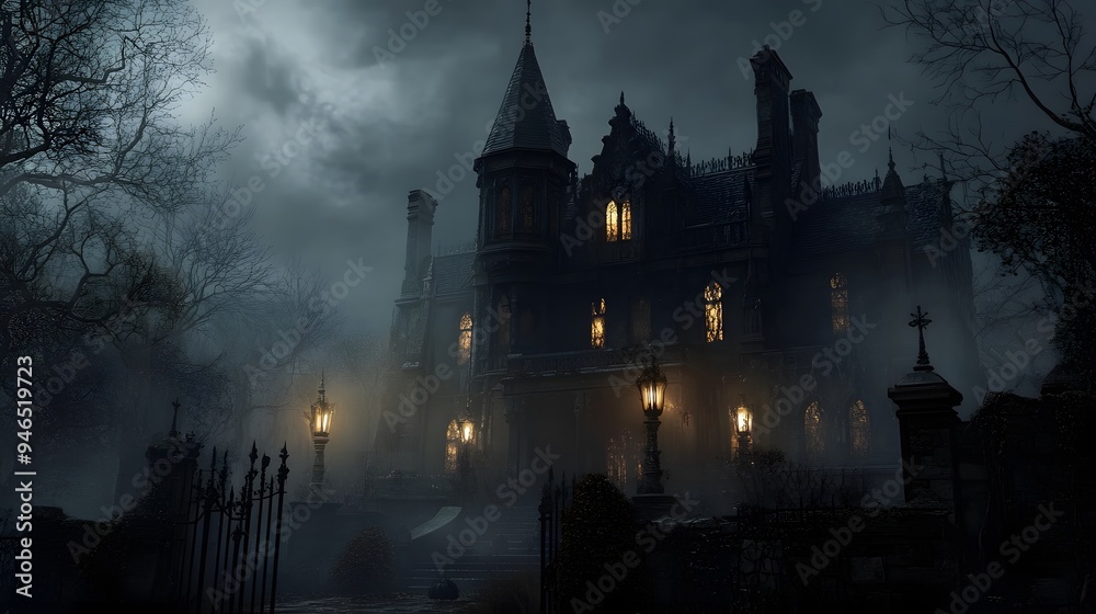 A dark mansion with intricate gothic architecture glowing windows and elaborate Halloween decorations shrouded in a misty atmosphere A dark mansion with intricate gothic architecture glowing windows and elaborate Halloween decorations shrouded in a misty atmosphere