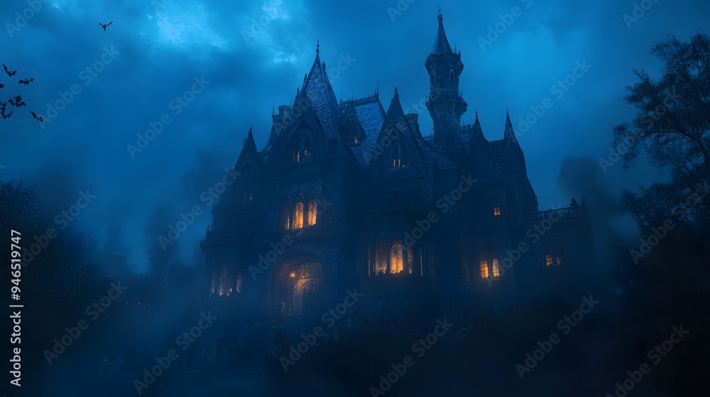 A misty night scene with a dark gothic mansion glowing windows and detailed Halloween decorations enhancing its spooky charm A misty night scene with a dark gothic mansion glowing windows and detailed Halloween decorations enhancing its spooky charm