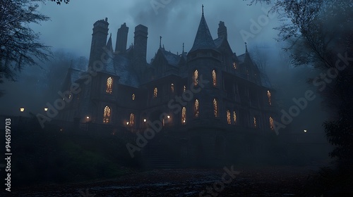 A dark mansion with intricate gothic architecture glowing windows and elaborate Halloween decorations shrouded in a misty atmosphere