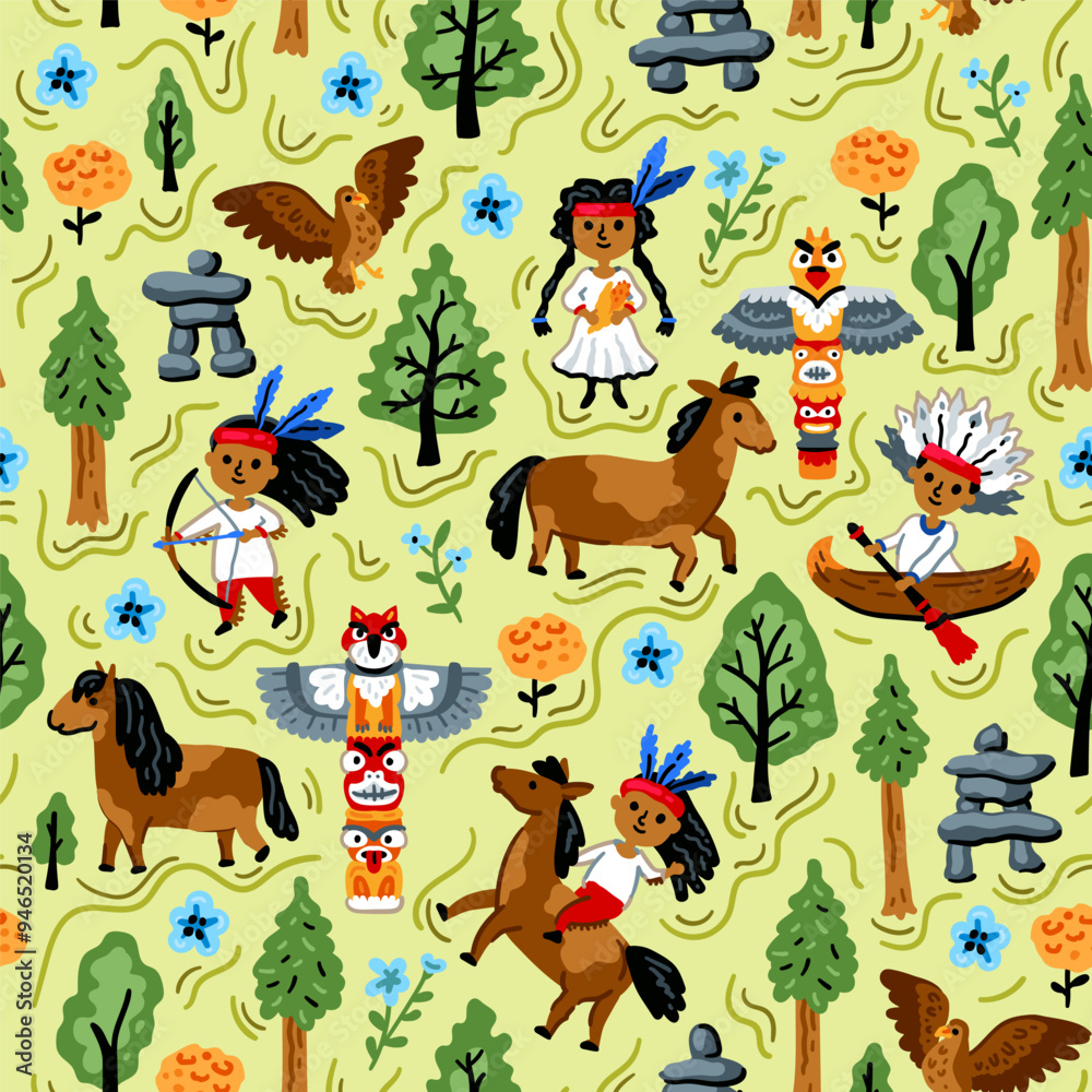 Bright cheerful children seamless vector pattern with American native indians. Childish background. Cheerful characters with animals and plants. Totem, eagle, horse Bright cheerful children seamless vector pattern with American native indians. Childish background. Cheerful characters with animals and plants. Totem, eagle, horse