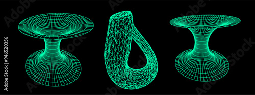 A set of wireframe illustrations of tunnels and Klein's bottle. Conceptual vector illustrtion of time-space 4D curvature and wormholes.