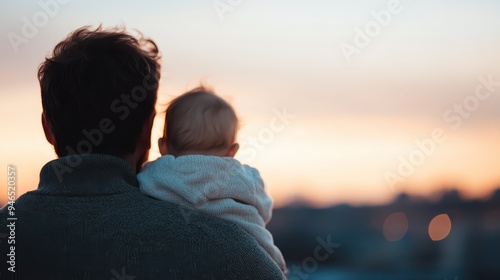 A father holds his baby while watching a beautiful sunset. The image captures a heartwarming moment of bonding and love between the father and child in a stunning silhouette. photo