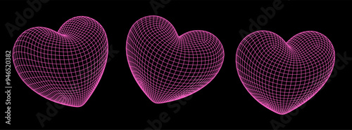 Set of 3D hearts made of wireframe on a dark background.