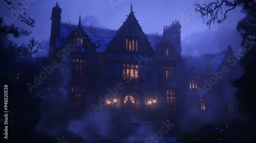 A misty night scene featuring a dark gothic mansion with glowing windows and intricate Halloween decorations enhancing its eerie charm