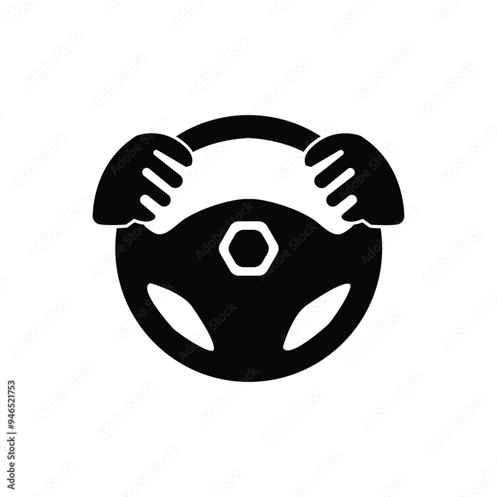 Steering wheel icon. Hands on steering wheel. Driver. Driving car. Test drive. Vector icon isolated on white background.