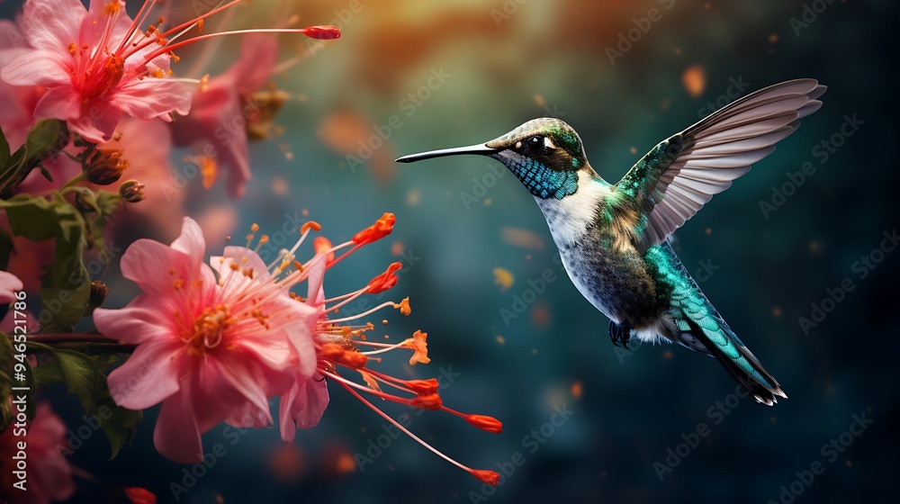 Fototapeta premium A detailed photograph highlighting the intricate details of a hummingbird feeding on a colorful blossom, presented in breathtaking