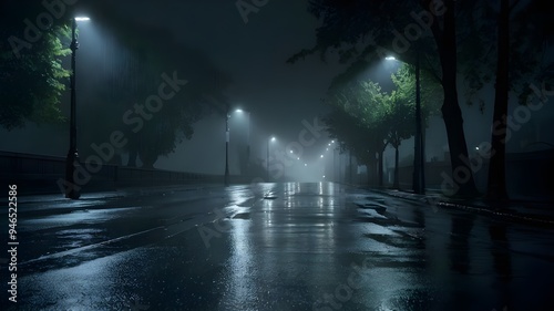 Desolate Rainy Road in Heavy Fog: A Quiet, Atmospheric Nighttime Scene