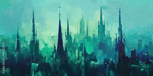 An abstract composition of church spires rising above a city skyline, painted in shades of teal and lavender.