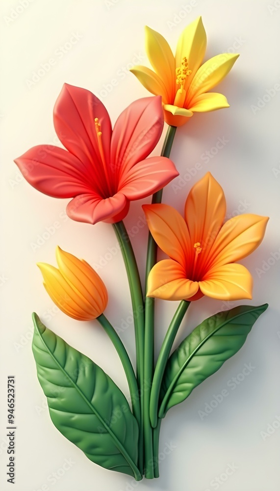 a sunny yellow flower, and an orange flower alongside glossy green leaves a sunny yellow flower, and an orange flower alongside glossy green leaves