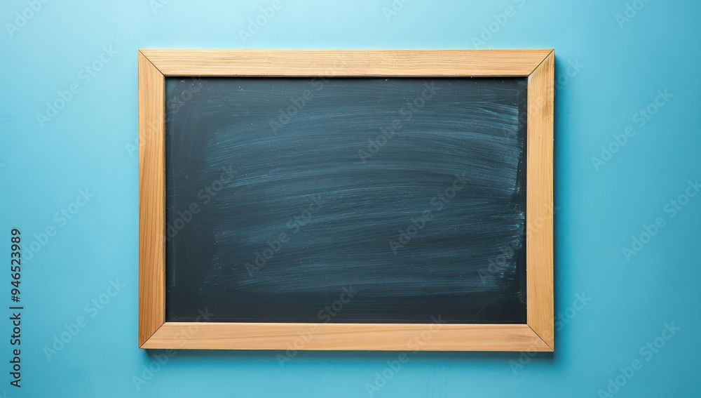 Top view of an empty blackboard with a wooden frame on a soft powder blue background Space for text and educational design, perfect for school mockups Top view of an empty blackboard with a wooden frame on a soft powder blue background Space for text and educational design, perfect for school mockups