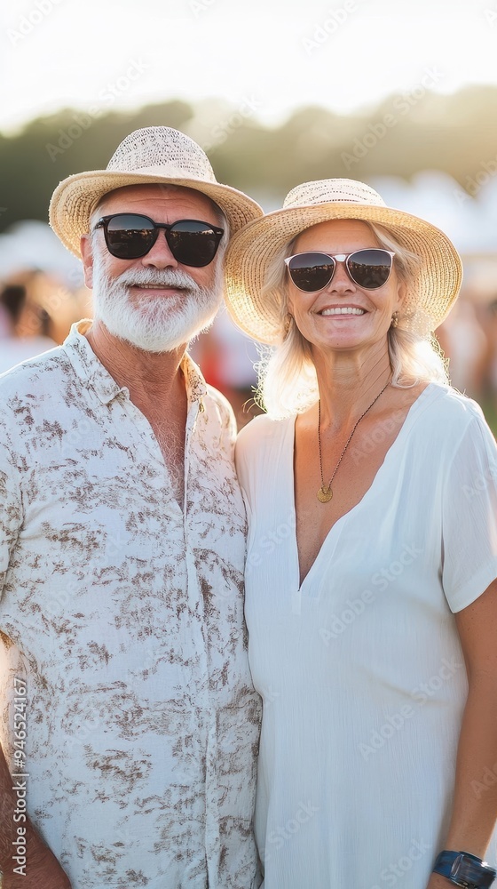 An older couple smiles happily together, dressed casually for a local dance, enjoying the warm atmosphere at an outdoor event An older couple smiles happily together, dressed casually for a local dance, enjoying the warm atmosphere at an outdoor event