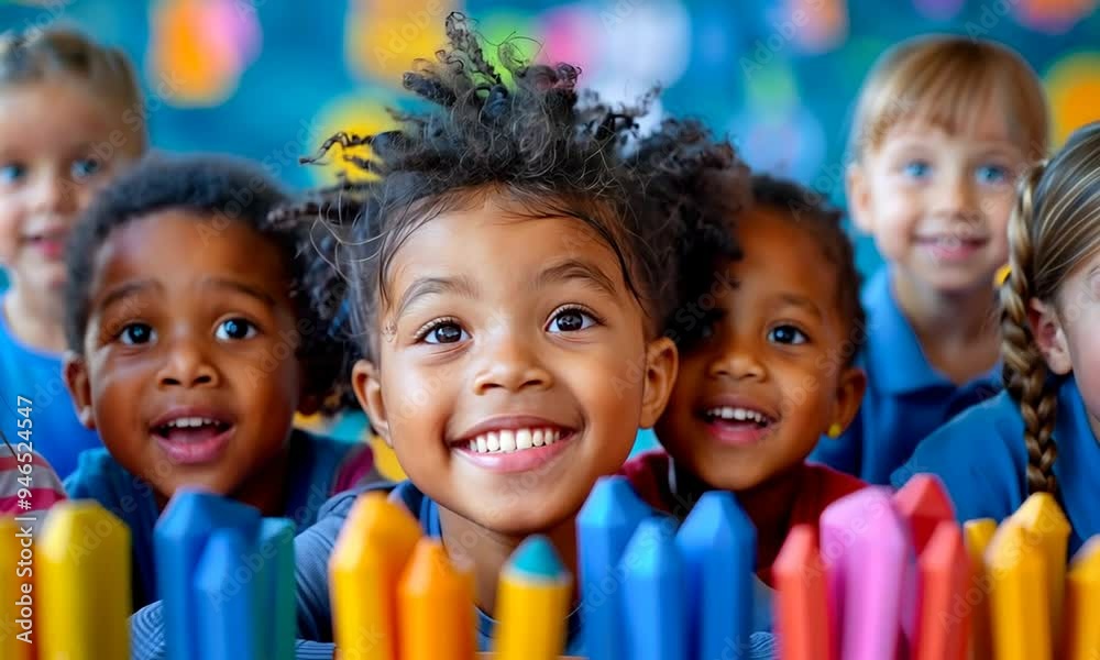 In a lively classroom, excited children express wonder as they engage with colorful art supplies, showcasing joy and creativity in their learning environment In a lively classroom, excited children express wonder as they engage with colorful art supplies, showcasing joy and creativity in their learning environment